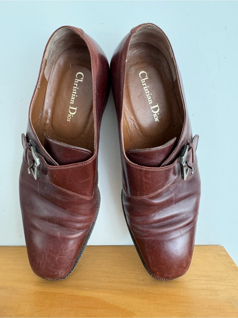 Vintage Dior Men's Burgundy Leather Single Monk Strap Shoes with Buckle